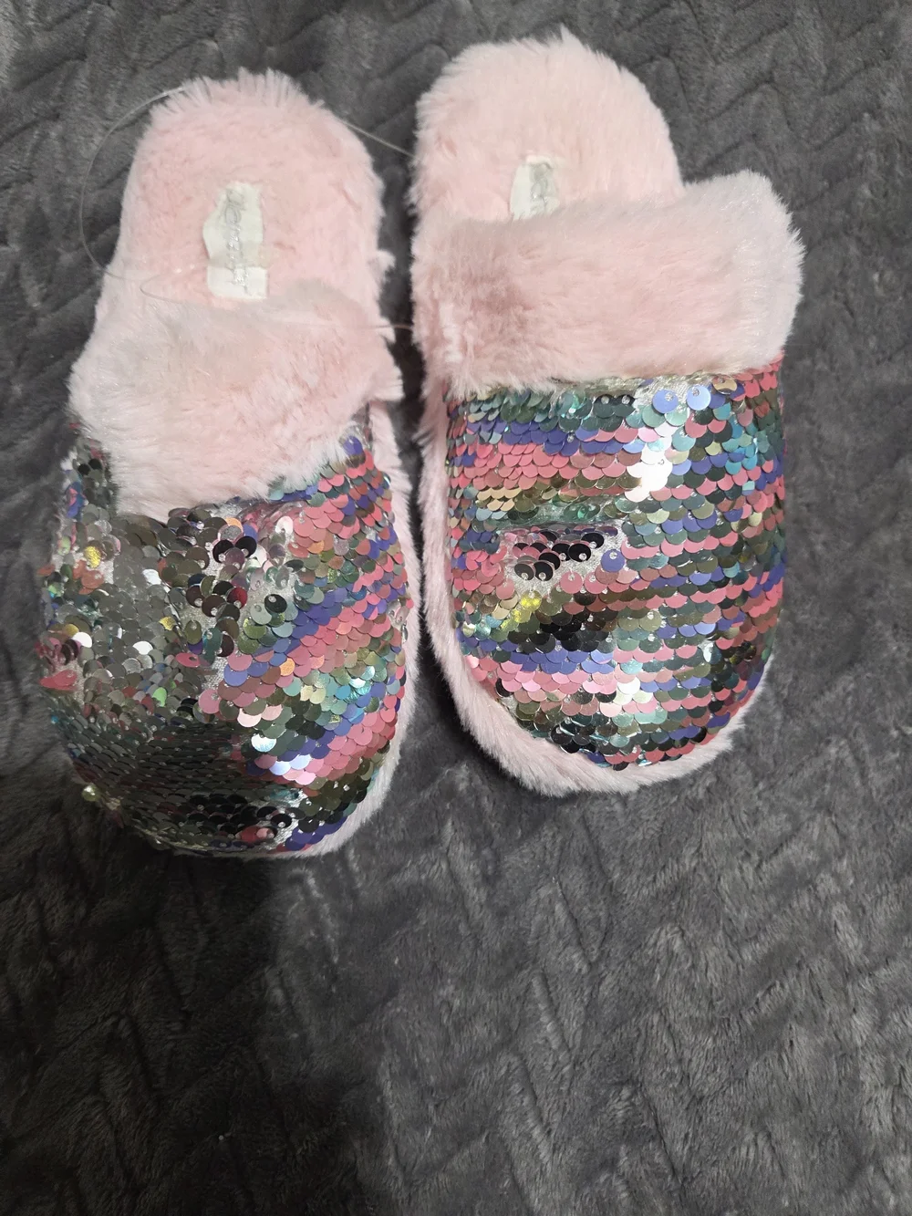 Kids Pink Sequin Fuzzy Slip-On Slippers